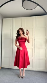 Rose Otrişli Midi Abiye Kırmızı