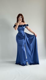 Roseline Çiçekli Abiye İndigo Mavisi