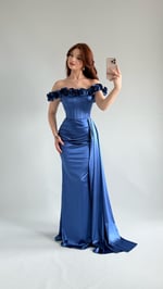 Roseline Çiçekli Abiye İndigo Mavisi