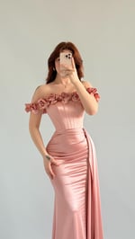 Roseline Çiçekli Abiye Pudra Pembesi
