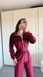 Şeritli Kadife Eşofman Takımı Bordo