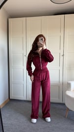 Şeritli Kadife Eşofman Takımı Bordo