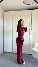 Şeritli Kadife Eşofman Takımı Bordo