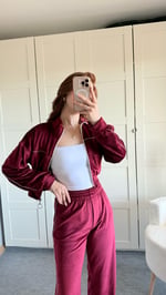 Şeritli Kadife Eşofman Takımı Bordo