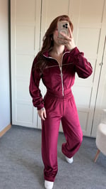 Şeritli Kadife Eşofman Takımı Bordo