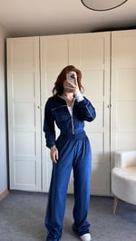 Şeritli Kadife Eşofman Takımı Lacivert 