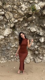 Simli Drapeli Sıfır Kol Elbise Kiremit