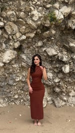 Simli Drapeli Sıfır Kol Elbise Kiremit