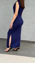 Simli Drapeli Sıfır Kol Elbise Saks Mavisi