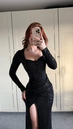 Simli Uzun Yırtmaçlı Elbise Siyah 