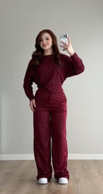Simli Yüksek Bel Eşofman Bordo