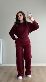 Simli Yüksek Bel Eşofman Bordo