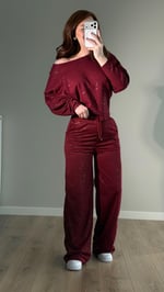 Simli Yüksek Bel Eşofman Bordo
