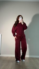 Simli Yüksek Bel Eşofman Bordo