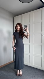 Sırt Dekolteli Gri Kısa Kol Elbise