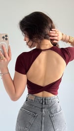 Sırt Kelebek Kısa Kol Crop Bordo