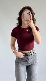 Sırt Kelebek Kısa Kol Crop Bordo
