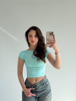 Sırtı Açık Kısa Kol Crop Bebe Mavisi