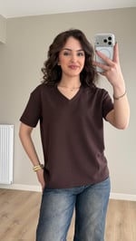Soft Line Oversie V Yaka Tişört Kahverengi