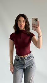 Sport Kısa Kol Crop Bordo 
