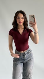 Sport Kısa Kol Crop Bordo 