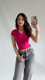 Sport Kısa Kol Crop Fuşya