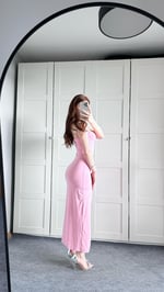 Straplez Derin Yırtmaç Pembe Elbise