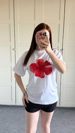 Summer Oversize Tişört Hibiscus Kırmızı Çiçek