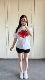 Summer Oversize Tişört Hibiscus Kırmızı Çiçek