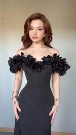 Tasarım Çiçekli Madonna Abiye Siyah