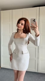 Taşlı Buklet Elbise Krem