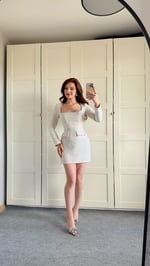 Taşlı Buklet Elbise Krem