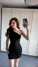 Tek Omuz Bel Ve Omuz Büzgülü Mini Siyah Elbise