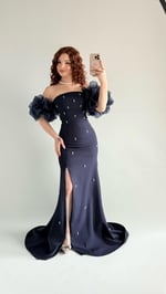 Tiana Prenses Kol İncili Abiye Lacivert