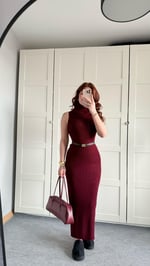 Triko Balıkçı Elbise Hırka Takım Bordo