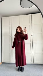 Triko Balıkçı Elbise Hırka Takım Bordo