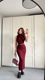 Triko Balıkçı Elbise Hırka Takım Bordo