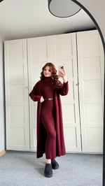 Triko Balıkçı Elbise Hırka Takım Bordo