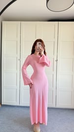 Triko Belden Bağlamalı Elbise Pembe