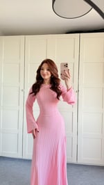 Triko Belden Bağlamalı Elbise Pembe