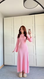 Triko Belden Bağlamalı Elbise Pembe
