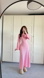 Triko Belden Bağlamalı Elbise Pembe