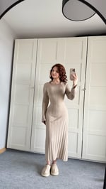 Triko Belden Bağlamalı Elbise Vizon