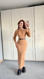 Triko Bisiklet Yaka Midi Elbise Bej