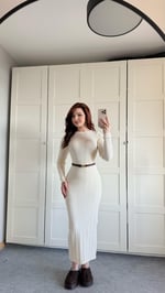 Triko Bisiklet Yaka Midi Elbise Beyaz