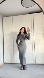 Triko Bisiklet Yaka Midi Elbise Gri