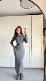 Triko Bisiklet Yaka Midi Elbise Gri
