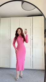 Triko Bisiklet Yaka Midi Elbise Pembe
