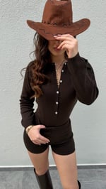 Triko Bodysuit Şort Takım Kahverengi