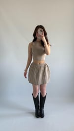 Triko Crop Pileli Etek Takım Bej